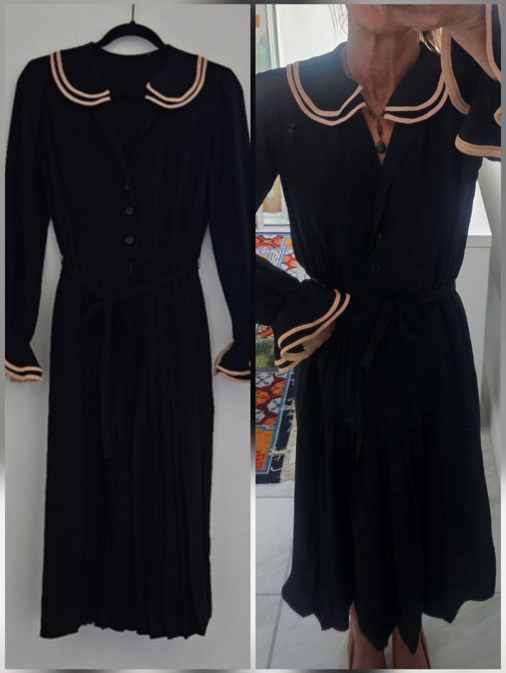 Albert Nipon Vintage Black With Cream Pleated Skirt Long Ruffled Sleeve Dress